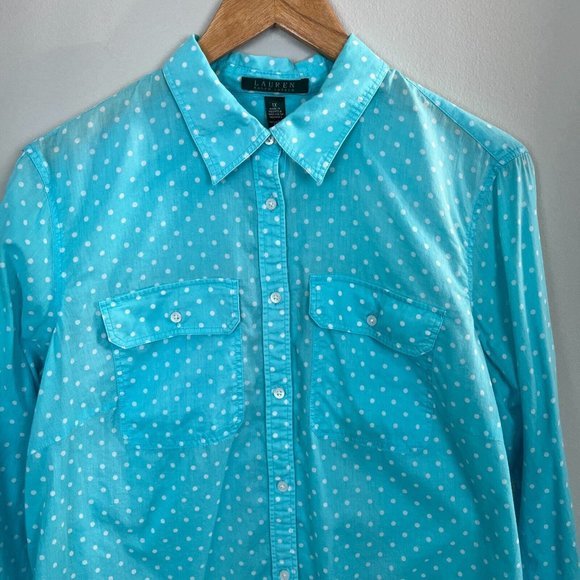 LRL Ralph Lauren Button Up Shirt 1X Blue Polka Dot Long Sleeve Top Plus Womens - Picture 2 of 9